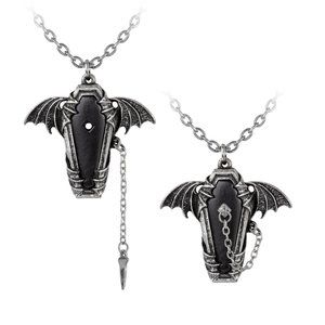 Alchemy Gothic Eternal Sleep Pendant Bat Wing Black Coffin Poker on Chain NWT